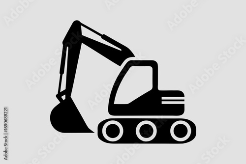 Excavator icon in vector form: heavy construction machine silhouette with digging arm—ideal as a logo or symbol for construction, industrial, machinery, or contractor branding.
