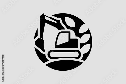 Excavator icon in vector form: a heavy construction machine silhouette with digging arm emphasized—ideal as logo or symbol for construction, industrial, machinery, or mining branding.
