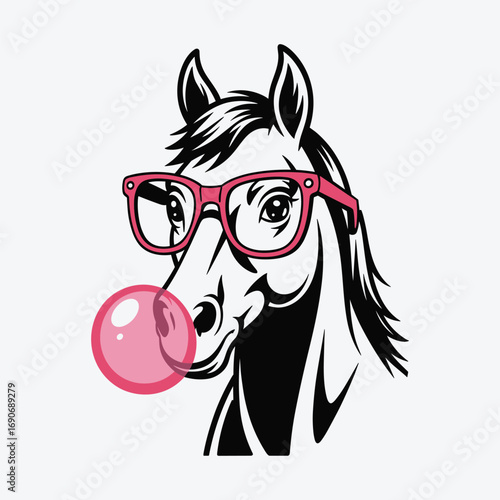 Stylish Horse Illustration with Pink Glasses and Bubble Gum, Fun and Quirky Animal Drawing for Modern and Trendy Designs, Perfect for Youthful and Playful Themes in Digital Art, Graphic Design, and So