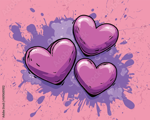Three vibrant pink hearts are arranged on a playful pink backdrop, surrounded by a splash of purple paint, creating a cheerful and lively atmosphere.
