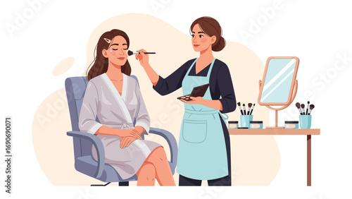 Professional makeup artist applying cosmetics to a woman sitting in a chair with a mirror and brushes on a table
