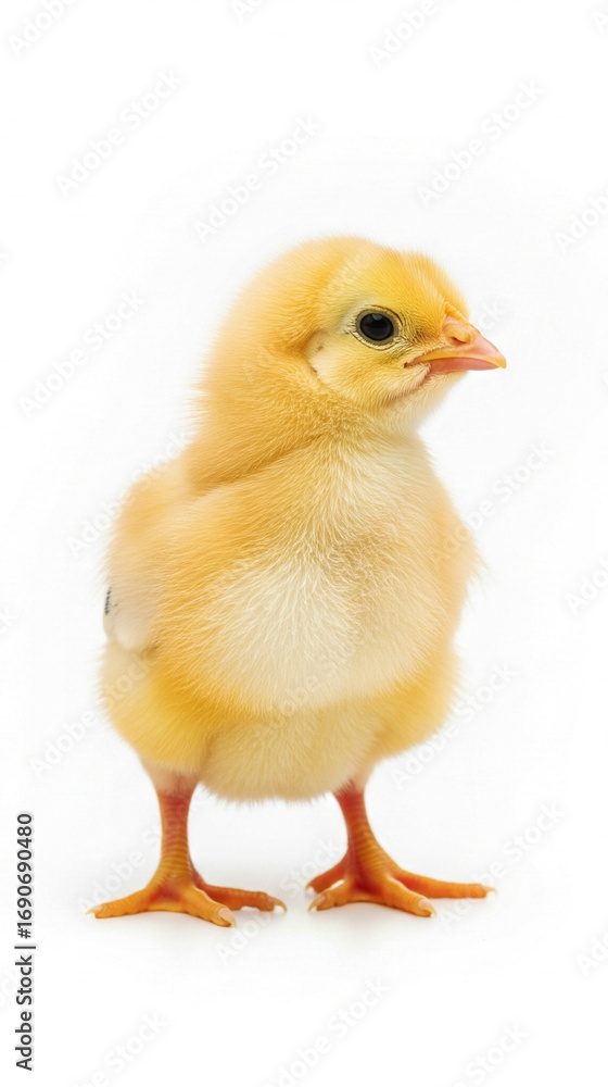 Fototapeta premium Adorable Yellow Chick Standing on White Background, Close-up View