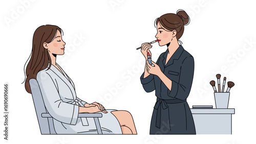 Young woman applying makeup to another woman with a brush in a salon or dressing room setting