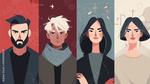 Four distinct figures stand side by side, each displaying unique hairstyles and styles against vibrant backgrounds. The artwork blends modern aesthetics with character design, showcasing diversity.