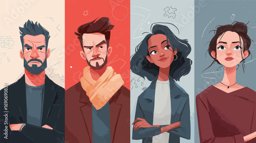 Four distinct characters with various expressions are presented against vibrant backgrounds. Each person displays a unique emotion, showcasing their individuality and style.
