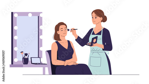 Professional makeup artist applying blush to a woman s face in a well lit dressing room with a vanity mirror