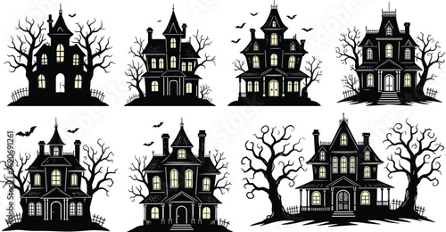 Eerie haunted house silhouettes for Halloween, a collection of spooky architectural designs with gothic elements, perfect for festive decorations