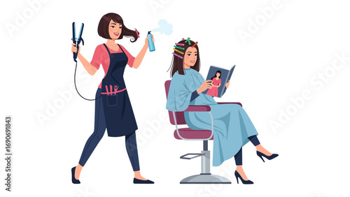 Hair Styling Session: A professional hair stylist expertly attends to her client, creating an elegant and fashionable hairstyle that enhances her natural beauty. 