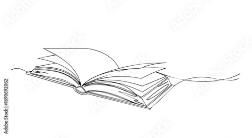 Continuous line drawing of an open book, pages fluttering gently.