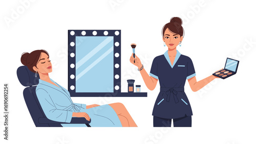 Professional makeup artist applying cosmetics to a relaxed woman in a beauty salon with a vanity mirror and makeup supplies