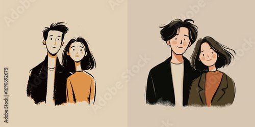Illustration of a young couple standing close together, both smiling warmly at the viewer, with their casual outfits complementing each other in a stylish way.