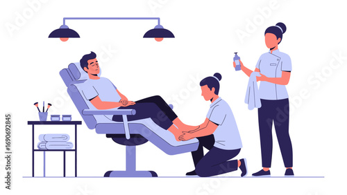 Man receiving a relaxing foot massage and pedicure treatment from a professional therapist in a clean spa salon setting