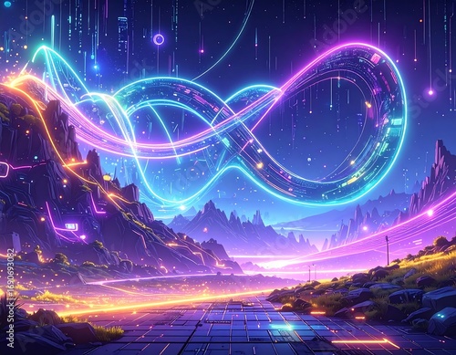Neon infinity symbol over a futuristic landscape
