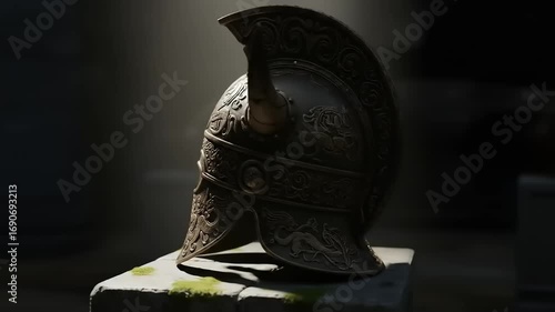 Detailed view of an ornate ancient helmet resting on a pedestal in a softly lit studio environment