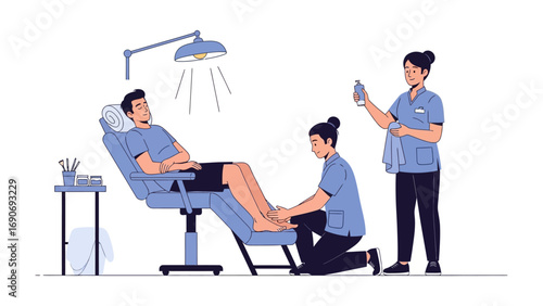 A male patient reclines in a medical chair receiving podiatry treatment from two attentive healthcare professionals in a bright clinic setting