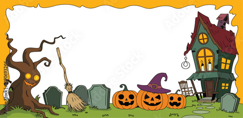 Spooky Halloween Illustration with Pumpkins, a Witch Hat, a Haunted House, a Broom, and a Creepy Tree with Gravestones on a Grassy Field with Yellow Border