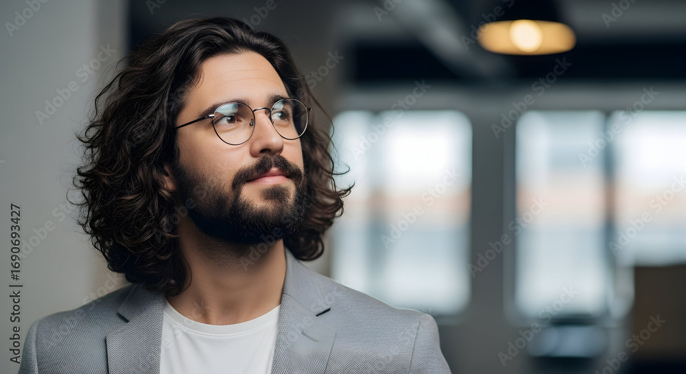 Fototapeta premium A young, handsome businessman with long curly hair and glasses looks thoughtfully out a window, contemplating his next big career move and future success.