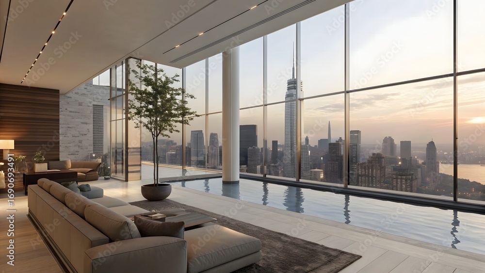 Fototapeta premium Luxurious modern living room with floor to ceiling windows overlooking a sprawling city skyline at sunset