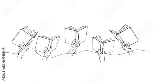 A minimalist line drawing depicting five hands holding open books, arranged in a horizontal composition against a white background.