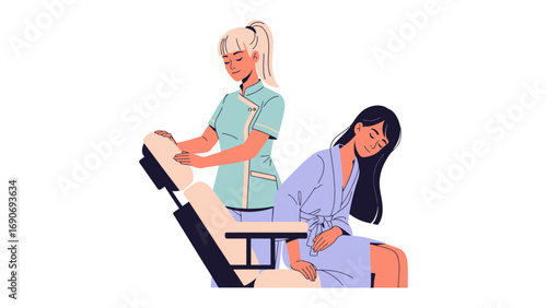 Chiropractor adjusting a female patient on a treatment table in a modern clinic setting with a white background