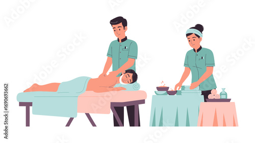 Two skilled spa therapists providing relaxing massage treatments and preparing beauty products for wellness and rejuvenation in a serene spa environment