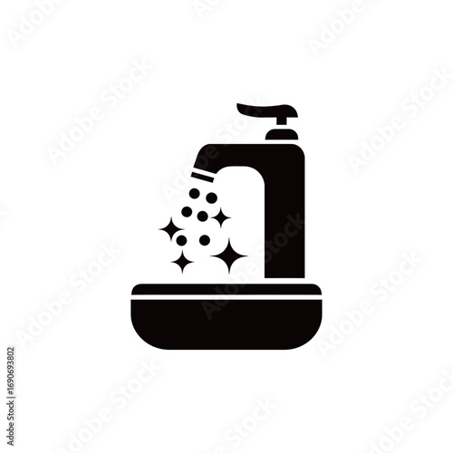 A hand washing station features a sleek faucet pouring soapy bubbles into a basin. The focus is on cleanliness and hygiene, promoting health and safety practices.