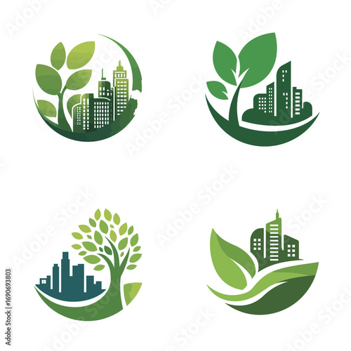 Four logos illustrate the harmonious blend of urban and natural elements, showcasing greenery intertwined with cityscapes, emphasizing sustainability and eco-friendly design.