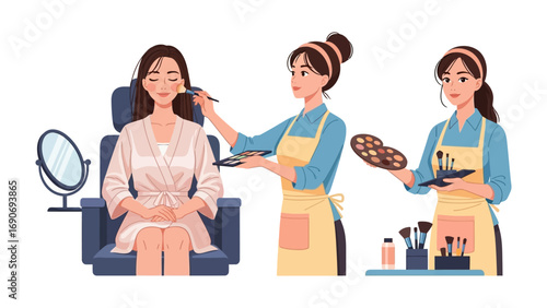 Professional makeup artist applying cosmetics to a seated woman while another artist holds a palette and brushes in a beauty salon setting