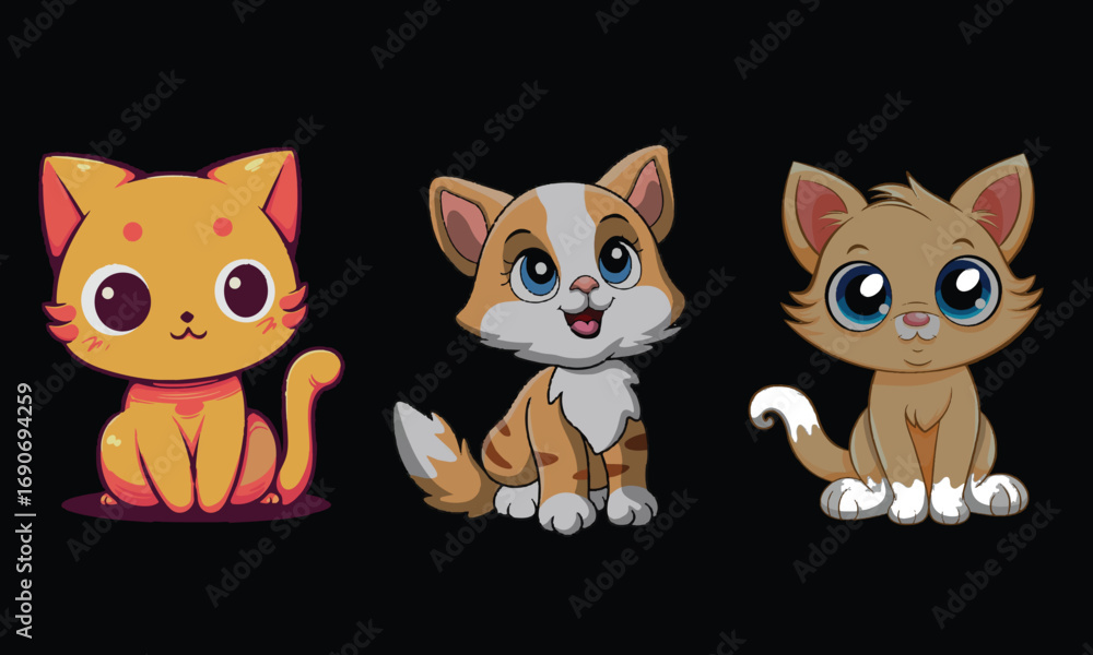 Fototapeta premium Cute and smile cats set, doodle pets friends. Collection of funny adorable cats or fluffy kittens cartoon character design with flat color. Pets companions friendship.