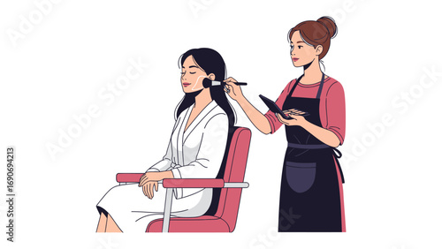 Professional hairstylist applying makeup to a seated woman with long dark hair in a salon setting