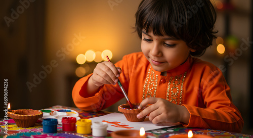 Fototapeta Naklejka Na Ścianę i Meble -  Child painting clay diya lamp for diwali festival celebration at home