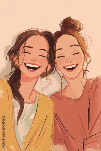 Two friends are seated close together, smiling brightly, creating a joyful atmosphere. Their happy expressions convey a strong bond and warmth. The soft color palette enhances the cheerful mood.