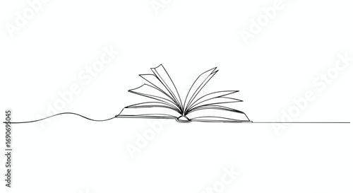 A minimalist continuous single line drawing of an open book with pages fluttering, isolated on a white background.