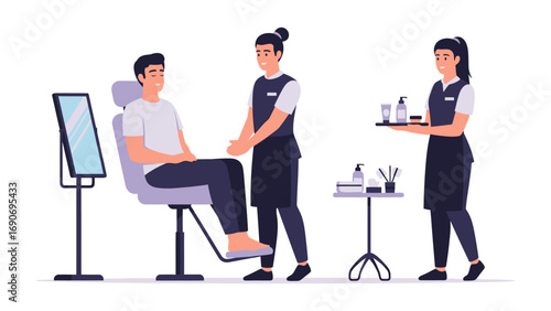 Man sitting in a salon chair receiving beauty treatment with two female aestheticians attending to him with products