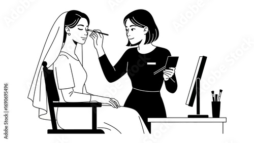 Professional makeup artist applying eye makeup to a bride wearing a veil in a studio setting with mirror and brushes