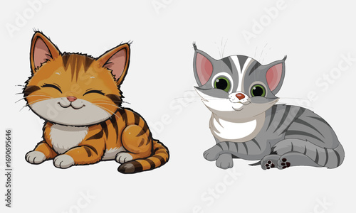 Cute and smile cats set, doodle pets friends. Collection of funny adorable cats or fluffy kittens cartoon character design with flat color. Pets companions friendship.