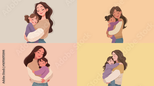 Illustrations depict a mother and daughter embracing in four different color backgrounds. The characters express love and joy through their affectionate hugs, highlighting their bond.