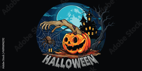 A creepy jack-o'-lantern with a zombie arm breaking out, set against a spooky haunted house and a full moon for Halloween