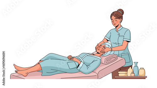 Caring nurse gently washes patient s face while they recline on a medical bed with skincare products nearby