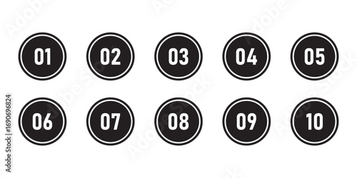  Vector pinning icon set on modern style.  Navigation play point icon set. Map pin icon sets. Black dark isolated number 1 to number 10. Vector counting set icon on white background. EPS 10. 