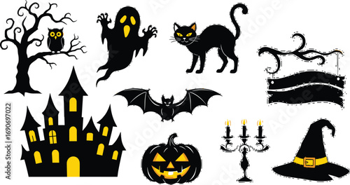Halloween Icons Set Featuring Spooky Silhouettes of a Castle, Ghost, Cat, Bat, Pumpkin, Owl, Witch Hat, and Candle Holder