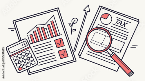 Financial Documents Calculator Magnifying Glass Tax Report Business Illustration Accounting Financial Planning Budget Data Analysis Graph Chart Checkmarks Growth Investment Income Expense Audit Revie.