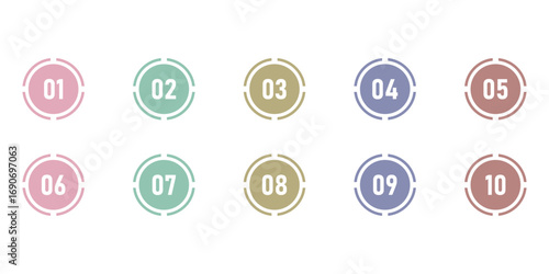 Isolated graphic map pin icon set. Wayfinding point icon set on white page. Infographic keypad play button set. Template vector icon set. Different colour counting isolated vector icon set. 