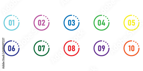 Isolated graphic map pin icon set. Wayfinding point icon set on white page. Infographic keypad play button set. Template vector icon set. Different colour counting isolated vector icon set. 