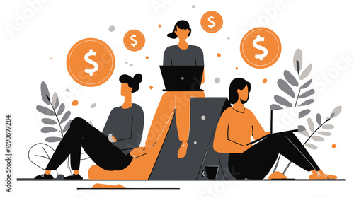 Three individuals are engaged in work on their laptops in a stylish workspace. Two are seated and one stands, surrounded by dollar signs that symbolize financial success in freelancing.