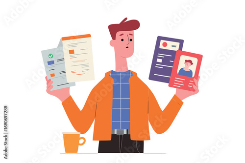 A young man holds several documents and identity cards, looking thoughtful as he evaluates the information. A cup sits nearby, indicating a casual work environment.