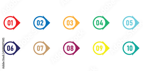 Isolated graphic map pin icon set. Wayfinding point icon set on white page. Infographic keypad play button set. Template vector icon set. Different colour counting isolated vector icon set. 