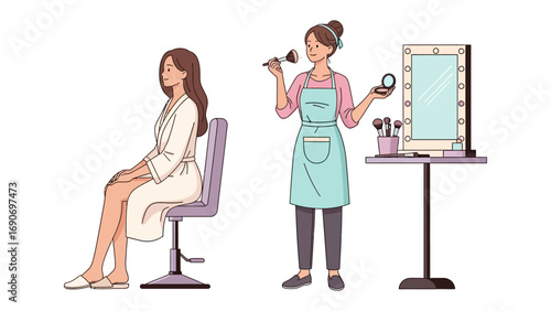 Young woman receiving professional makeup application from a skilled artist in a beauty salon setting with mirror and tools