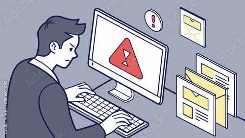 Frustrated worker facing computer error system malfunction email problems isometric illustration.
