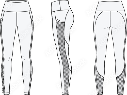 Blank leggings vector template outline, front side back view women’s fitness leggings mockup with mesh panel detail activewear fashion clothing design illustration